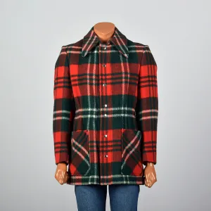 1970s Mens Wool Coat in Red and Green Plaid