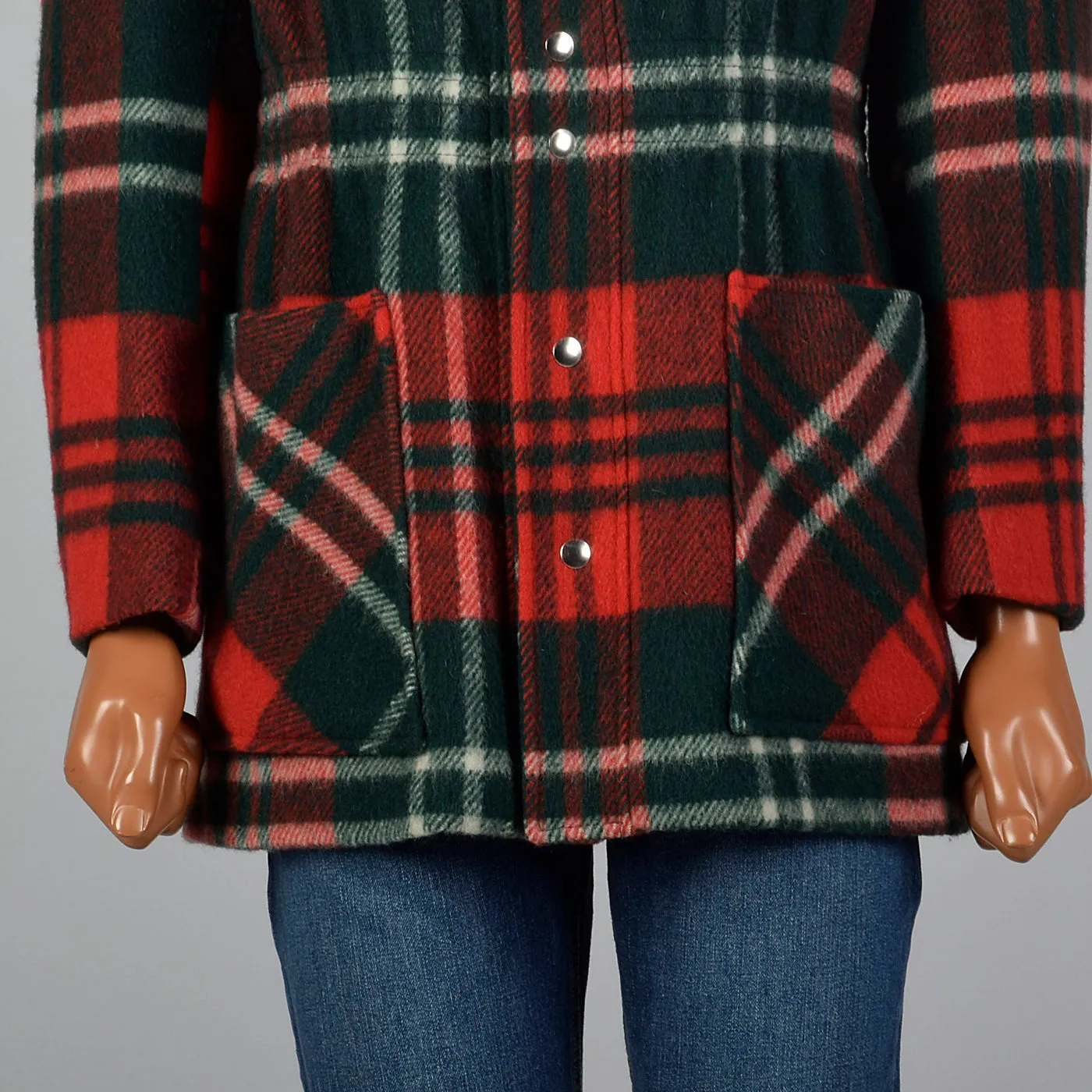 1970s Mens Wool Coat in Red and Green Plaid
