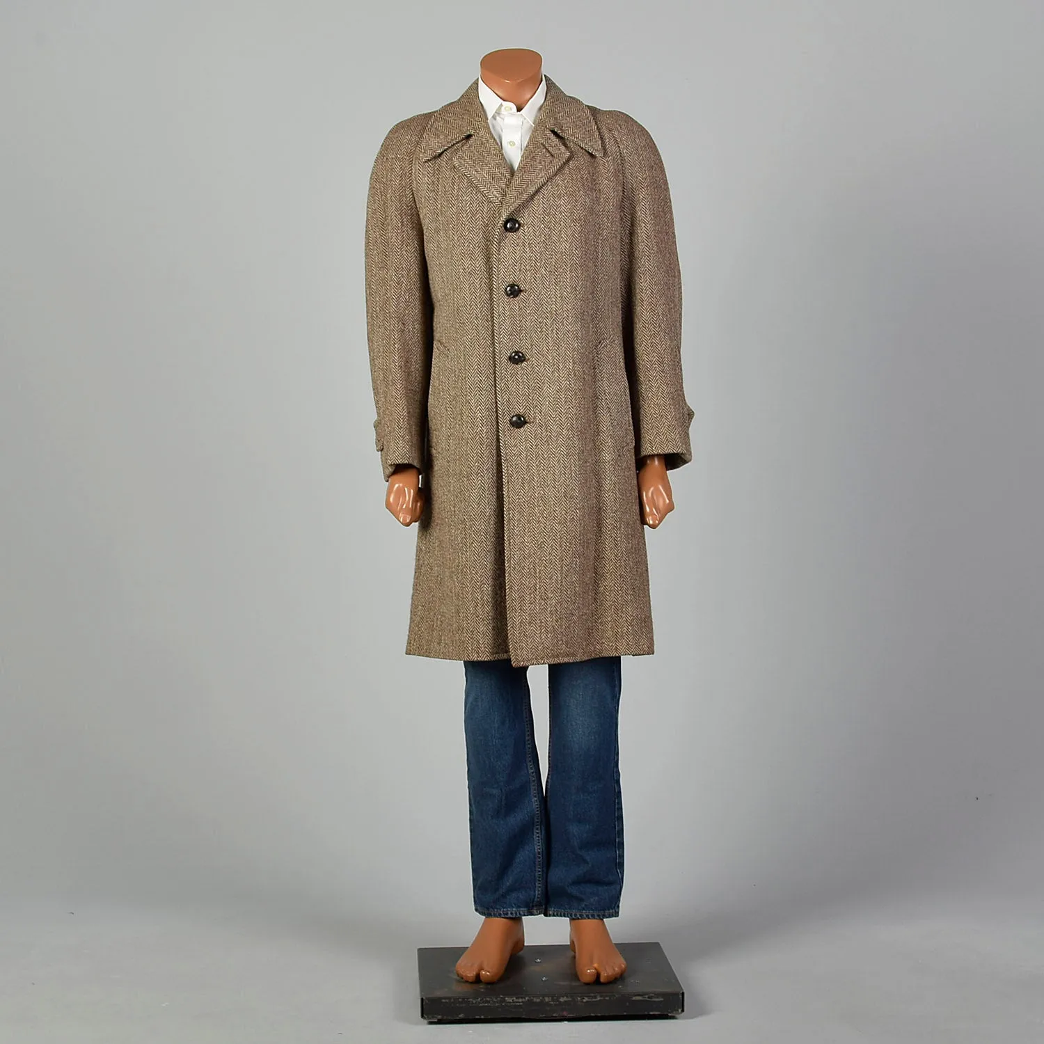 41 Medium 1950s Mens Brown Wool Tweed Coat
