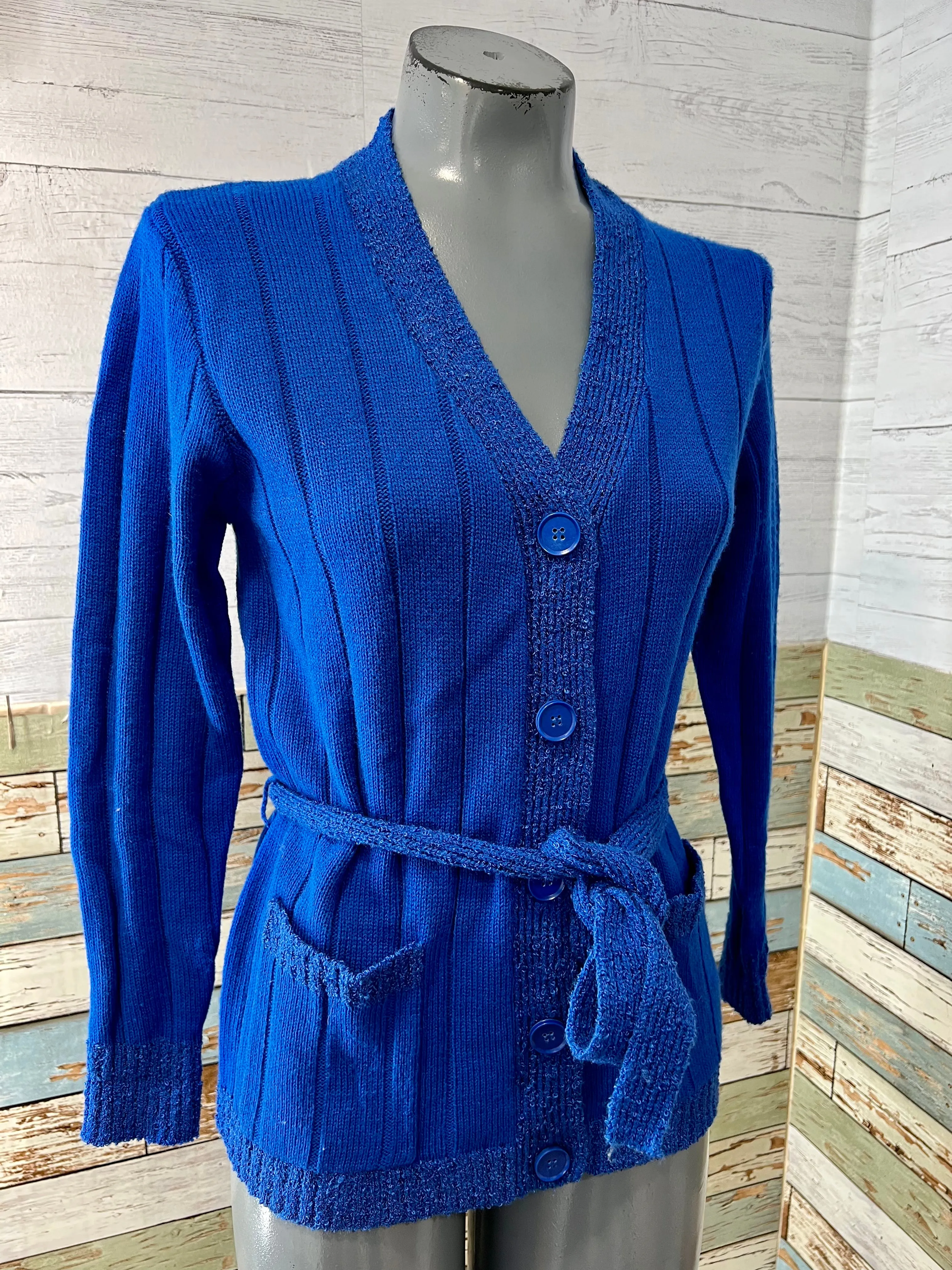 70s Royal Blue Belted Cardigan