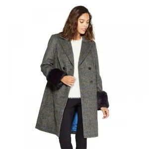 A New Day Women's Plaid Double Breasted Wool Overcoat with Fur Trim