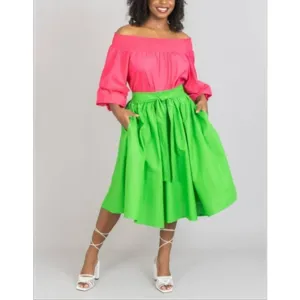 African Ankara Style Middi Skirt with Sash Woman Mid Length Skirt - Regular Size 4 to 18 / Plus Size 20 to 34