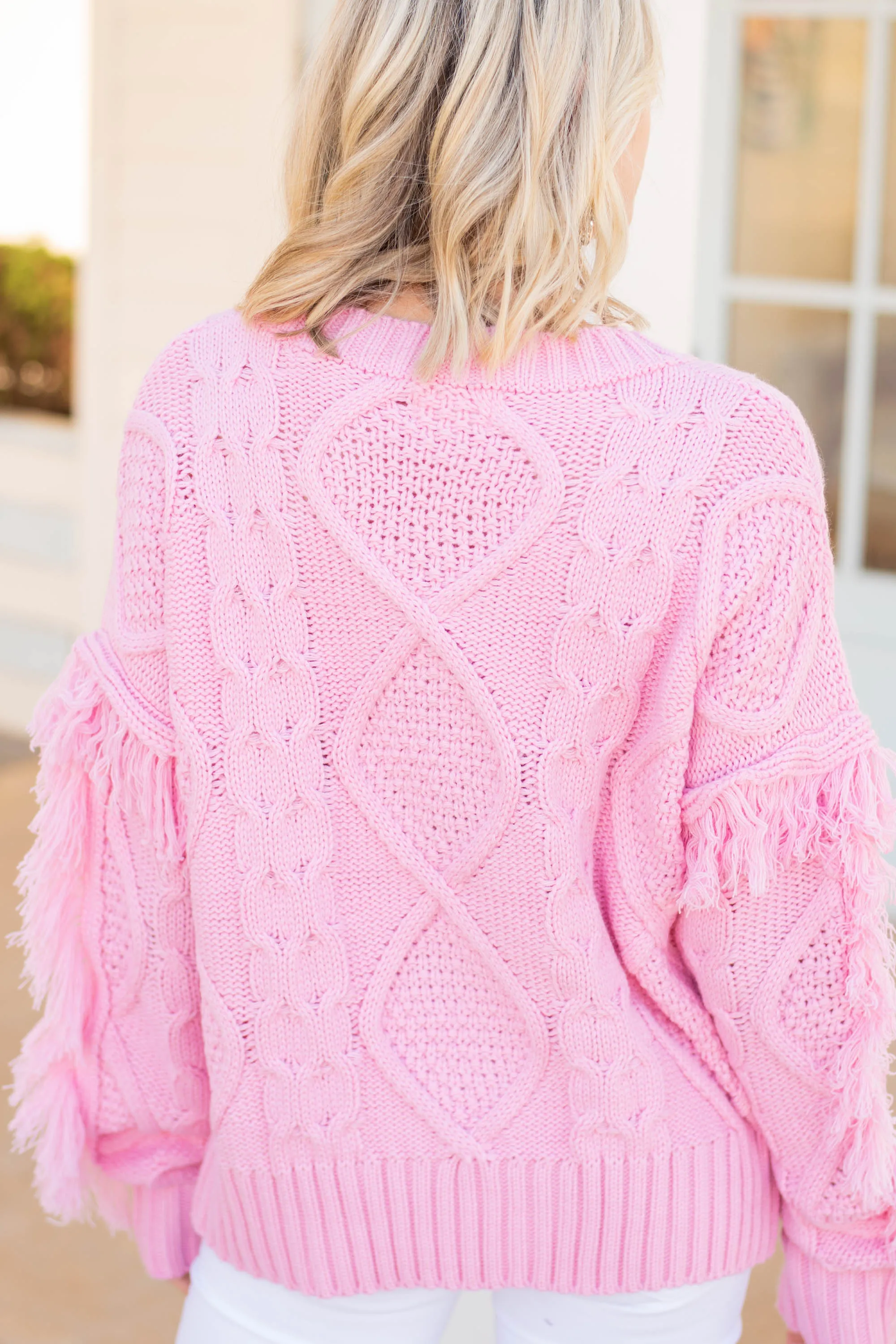 All Or Nothing Pink Fringe Sweater