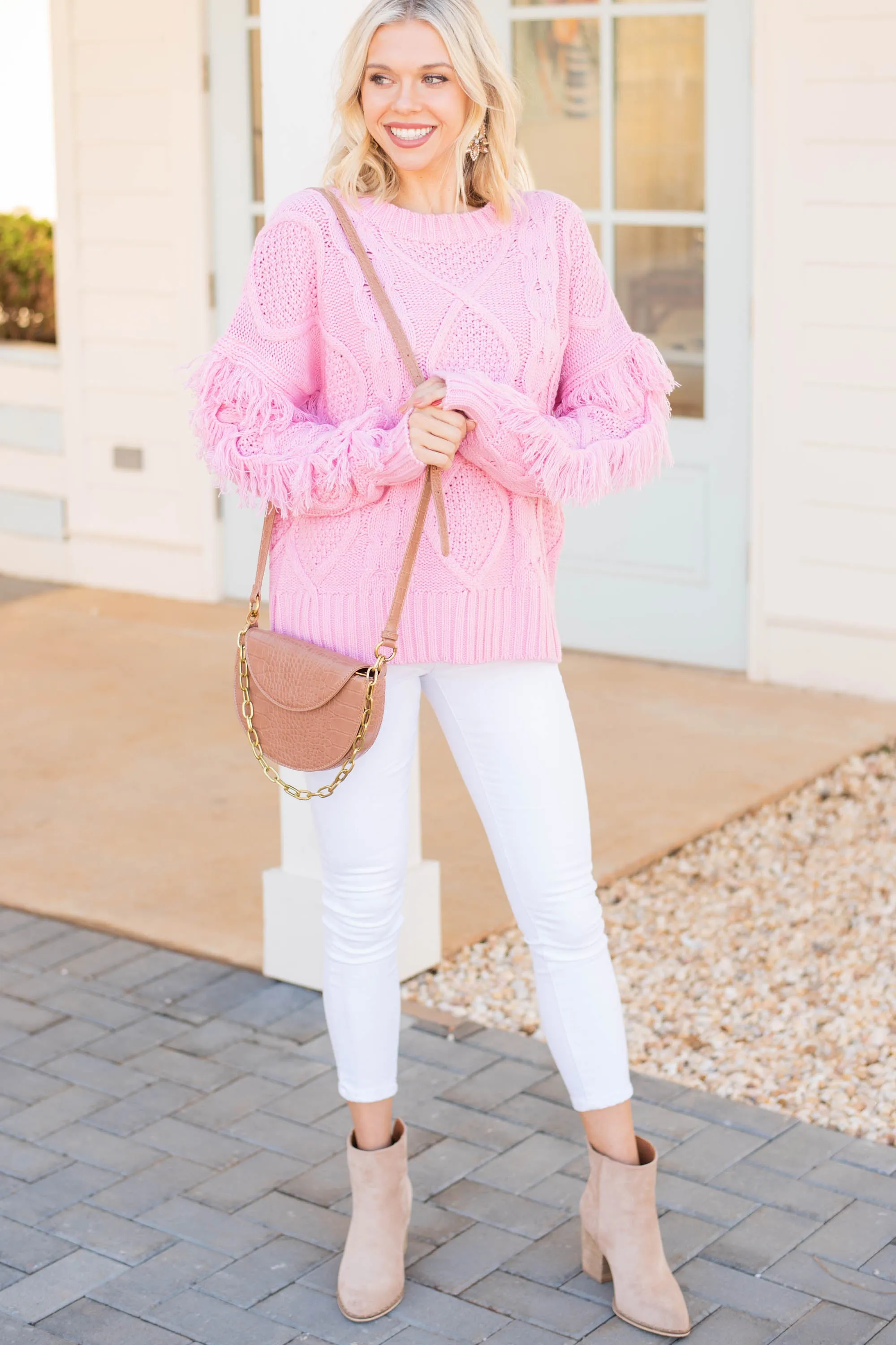 All Or Nothing Pink Fringe Sweater