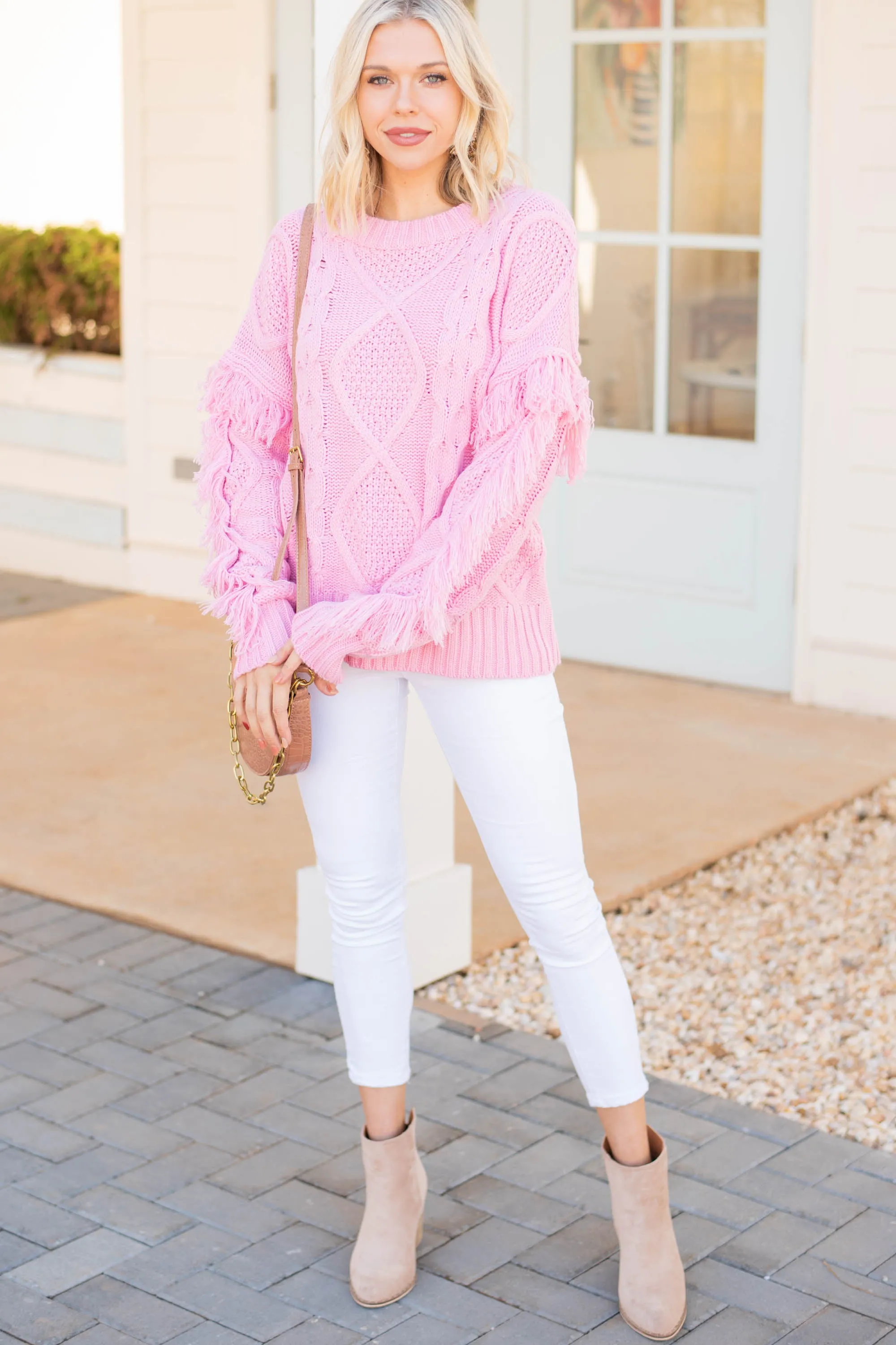 All Or Nothing Pink Fringe Sweater