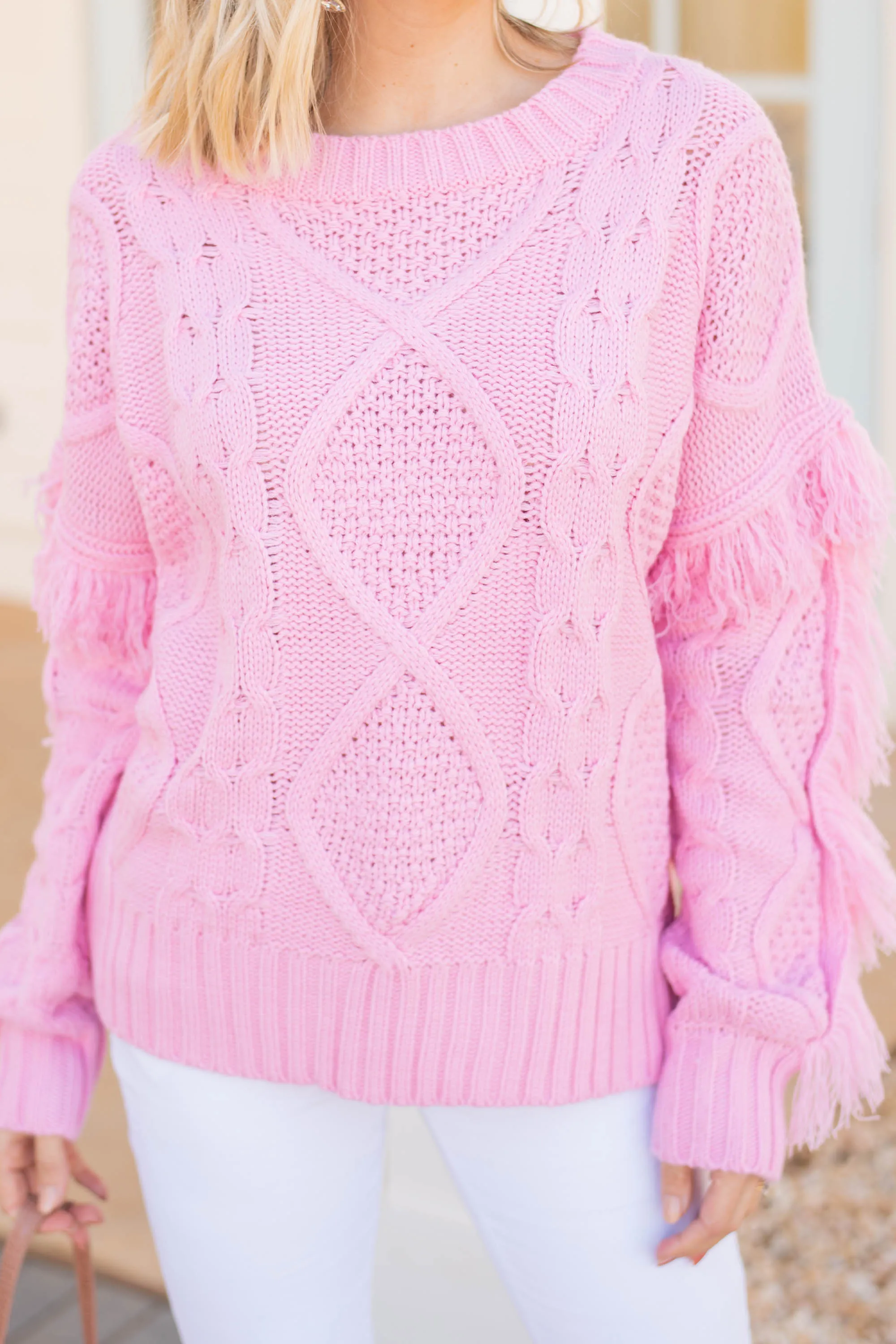 All Or Nothing Pink Fringe Sweater