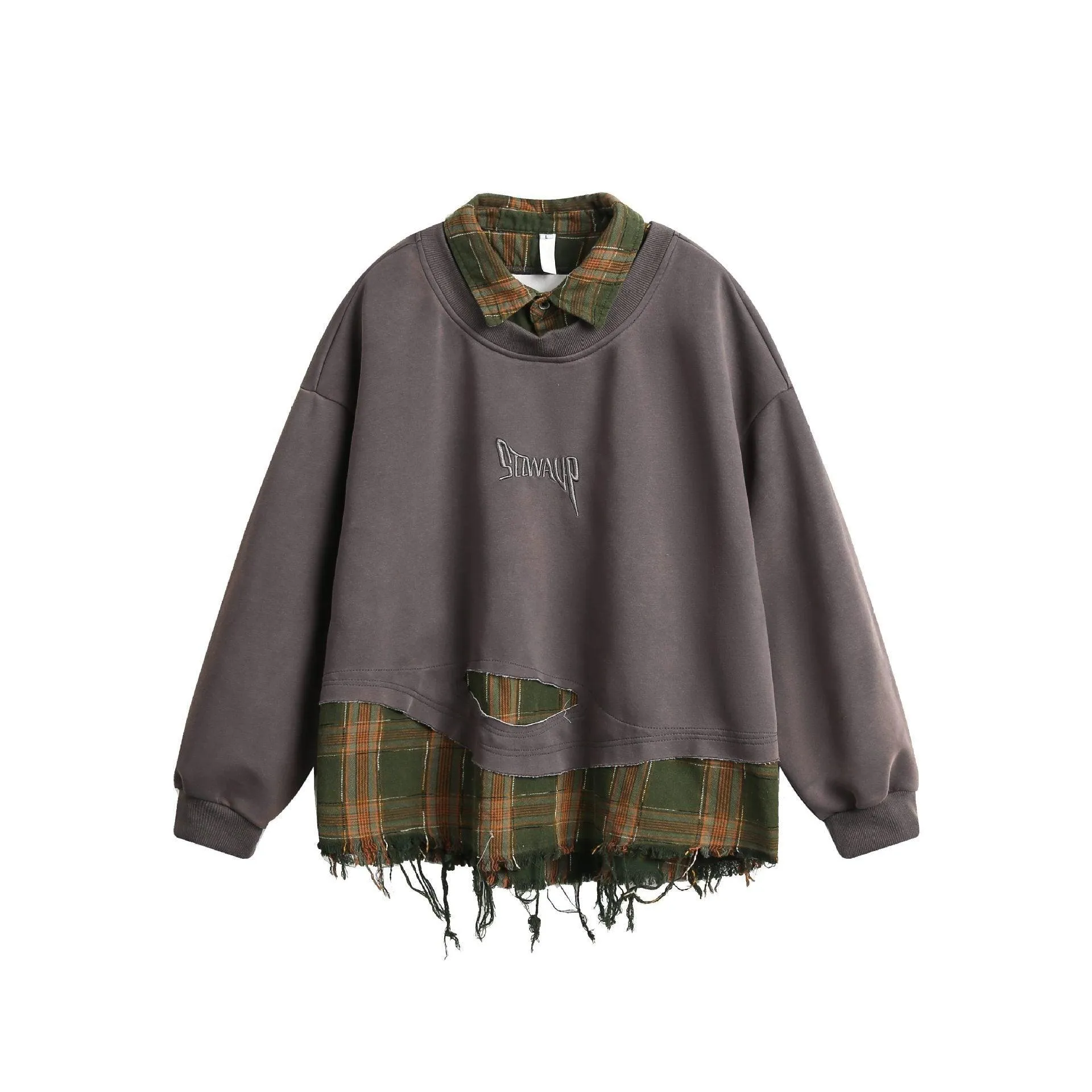American Style Ripped Burr Fake Two Piece Lapel Sweater – Stylish and Casual for Everyday Wear