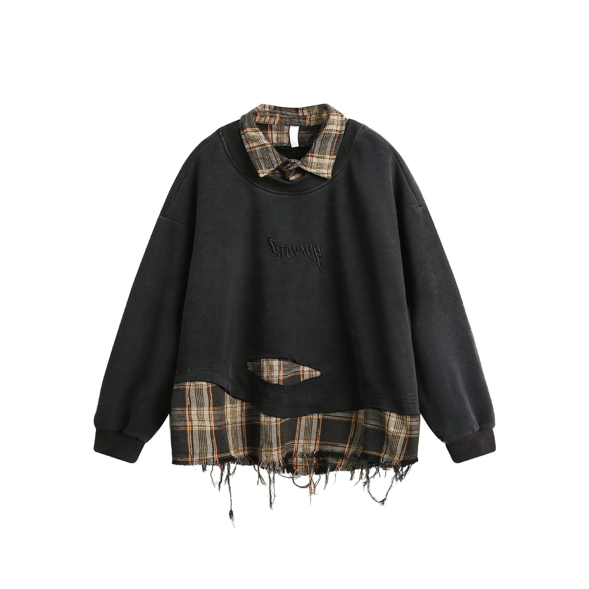 American Style Ripped Burr Fake Two Piece Lapel Sweater – Stylish and Casual for Everyday Wear