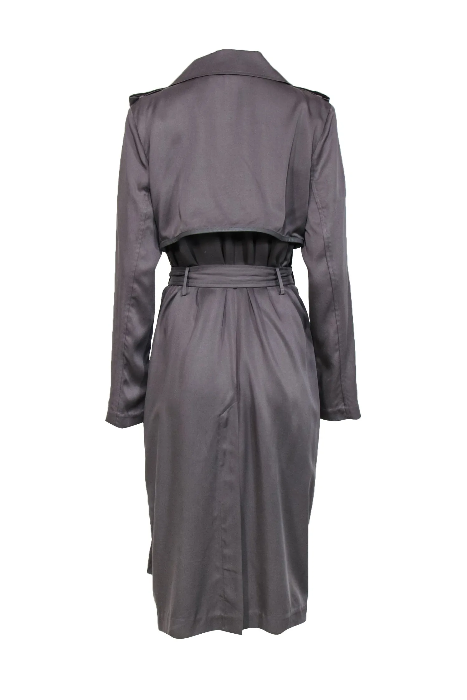 Badgley Mischka - Grey Open Front Belted Trench Coat w/ Faux Leather Trim Sz L