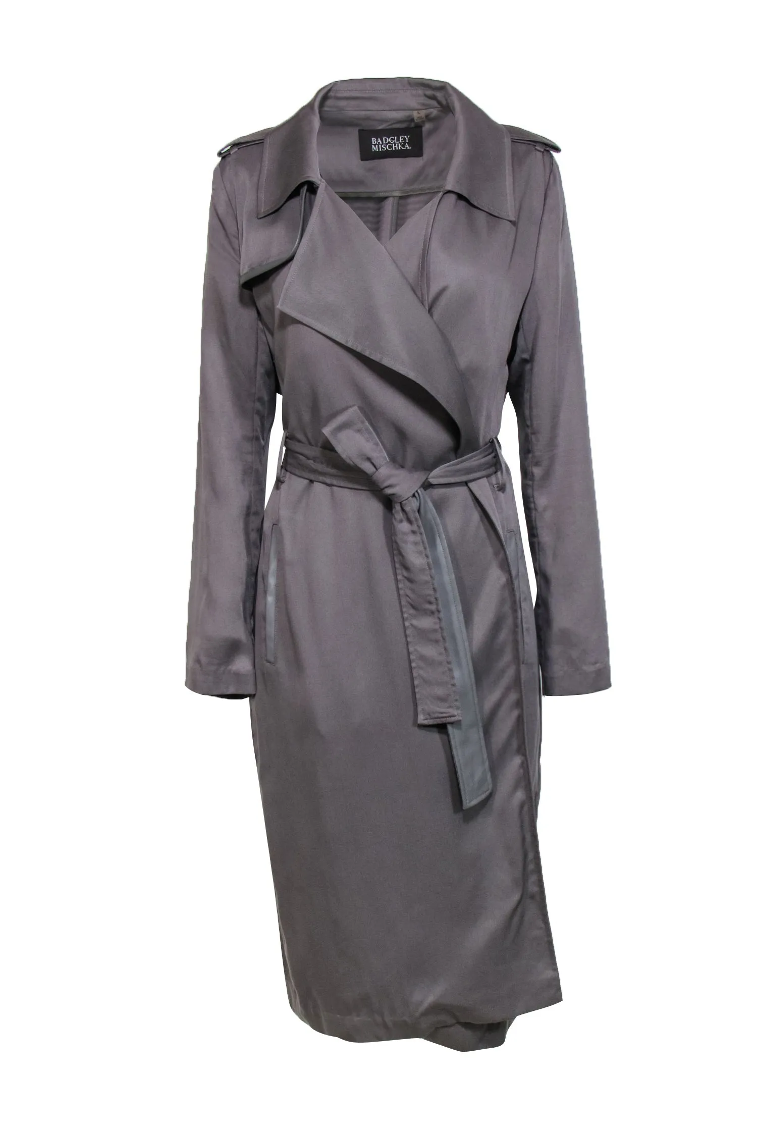 Badgley Mischka - Grey Open Front Belted Trench Coat w/ Faux Leather Trim Sz L