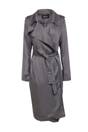 Badgley Mischka - Grey Open Front Belted Trench Coat w/ Faux Leather Trim Sz L