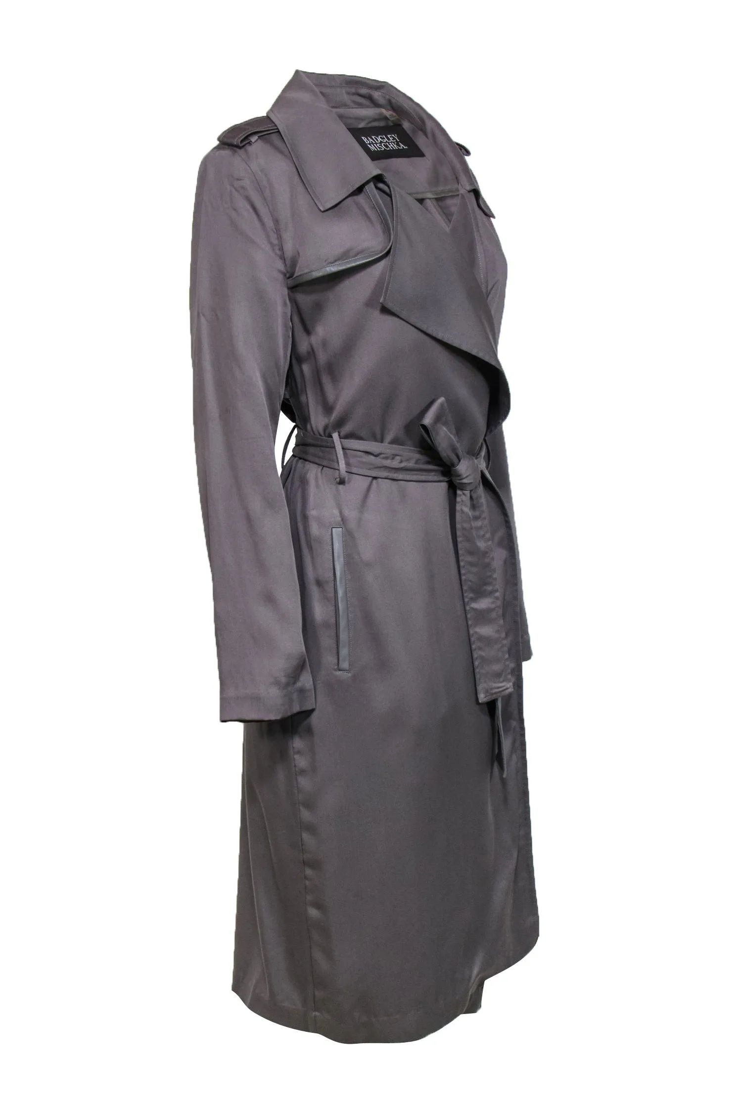 Badgley Mischka - Grey Open Front Belted Trench Coat w/ Faux Leather Trim Sz L