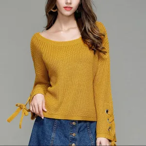 Bandage Round Neck Bell Sleeve Sweaters