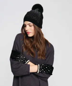 Black Crystal Embellished Pom Pom Hat
