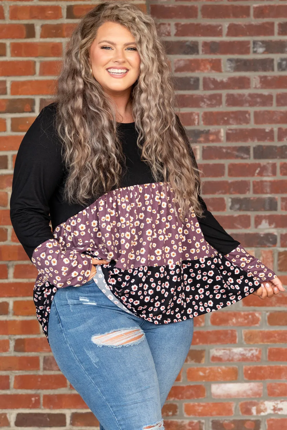 Black Floral Pattern Color Block Plus Size Pullover Top