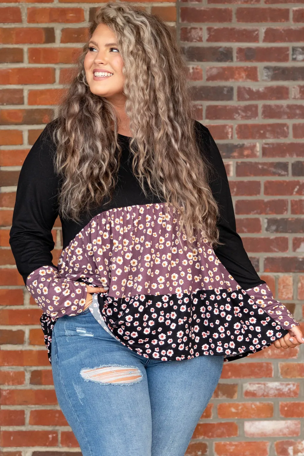 Black Floral Pattern Color Block Plus Size Pullover Top