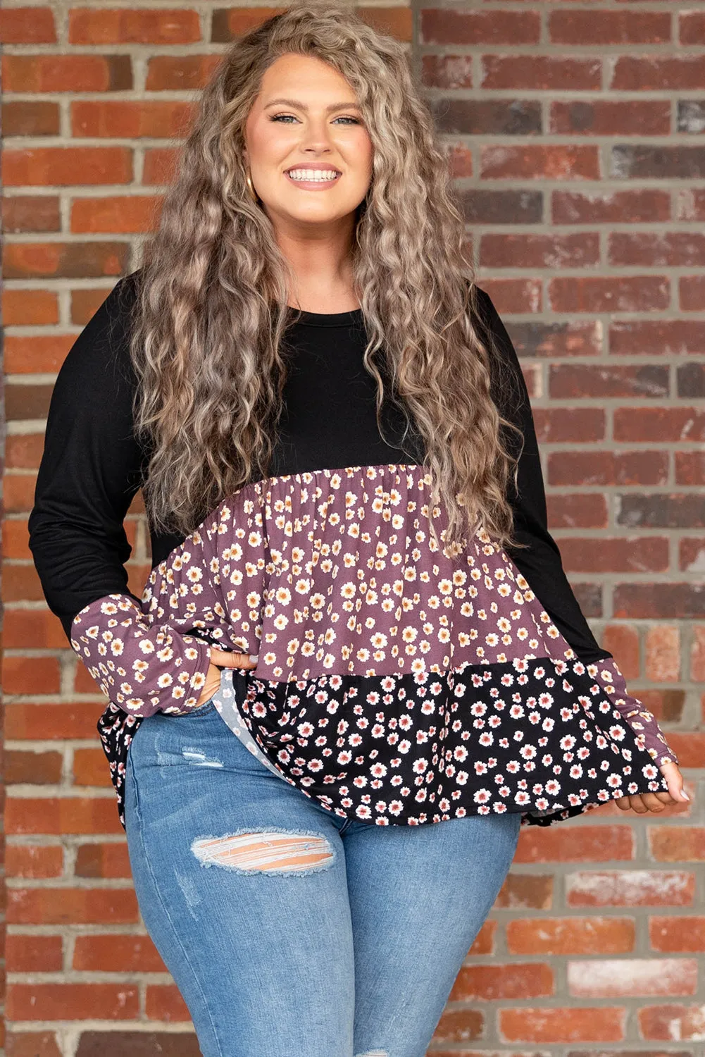 Black Floral Pattern Color Block Plus Size Pullover Top