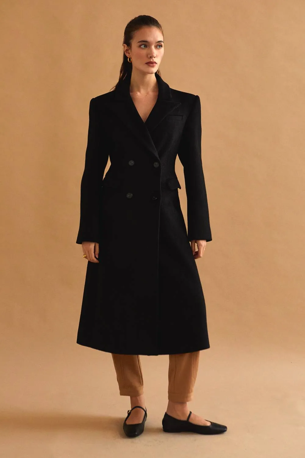 BLACK WOOL FALL DOUBLE BREASTED COAT