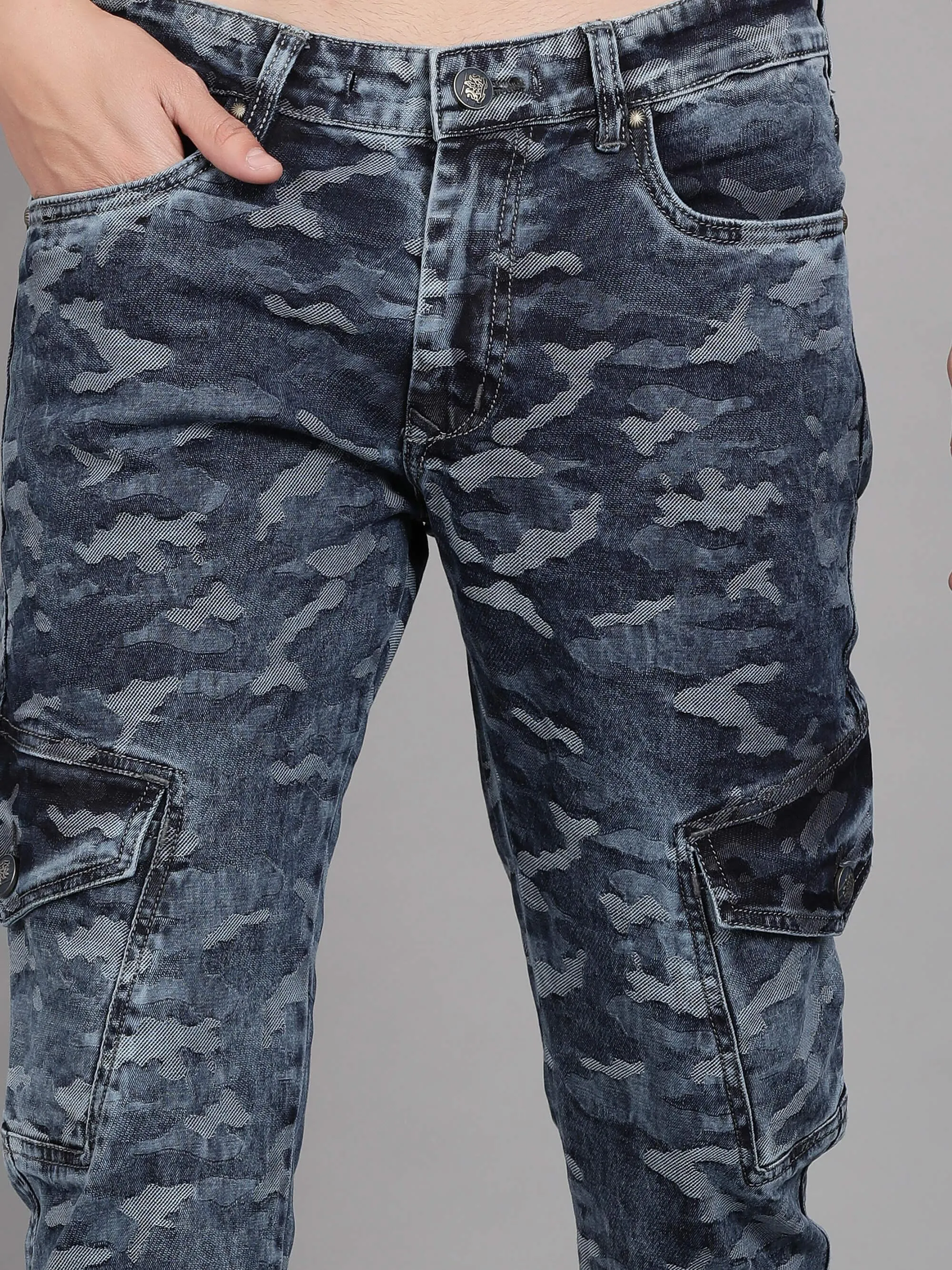 Blue Denim Camouflage Printed Slim Fit Jeans for Men (GBDNM5009)