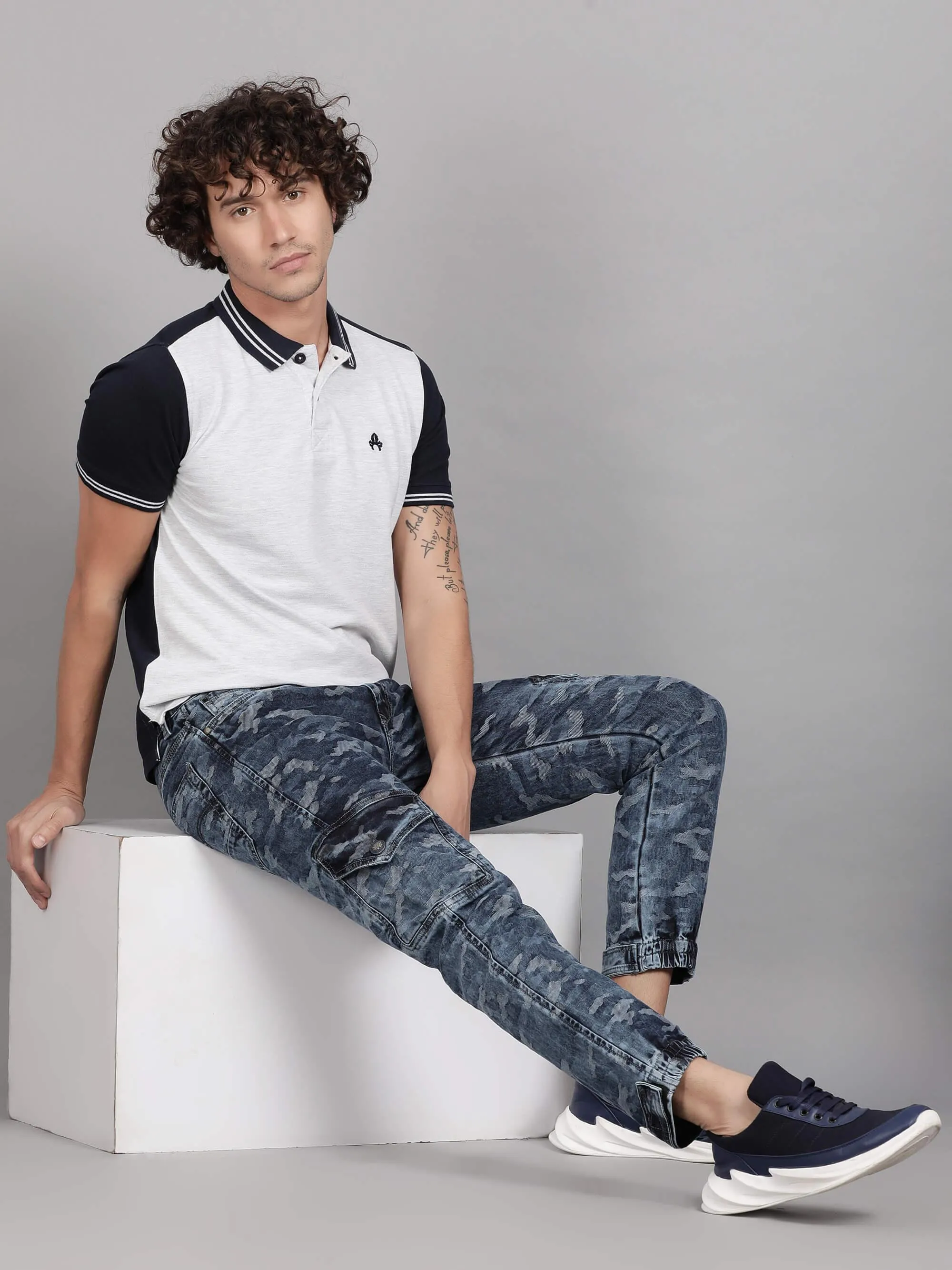 Blue Denim Camouflage Printed Slim Fit Jeans for Men (GBDNM5009)