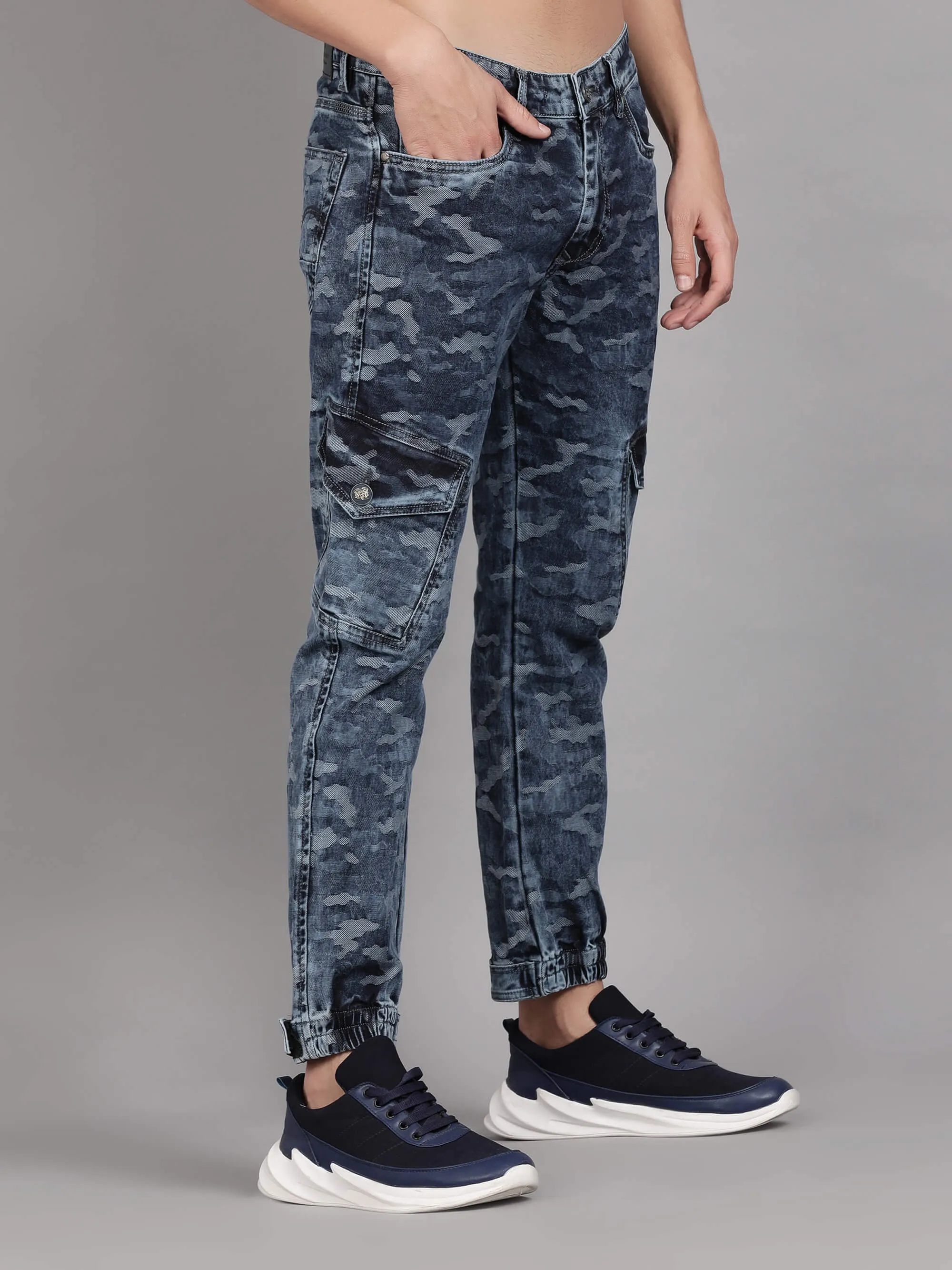 Blue Denim Camouflage Printed Slim Fit Jeans for Men (GBDNM5009)