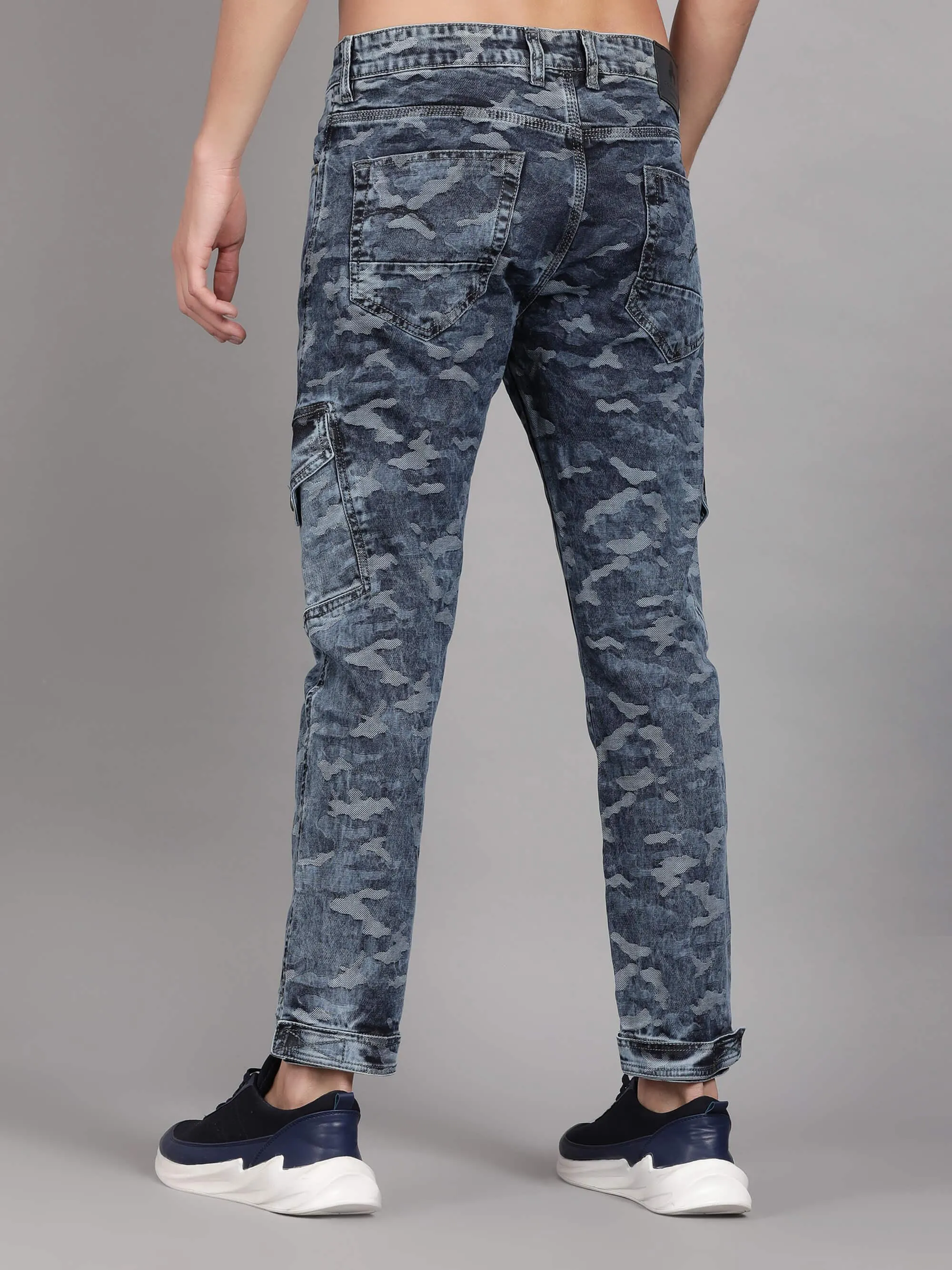 Blue Denim Camouflage Printed Slim Fit Jeans for Men (GBDNM5009)