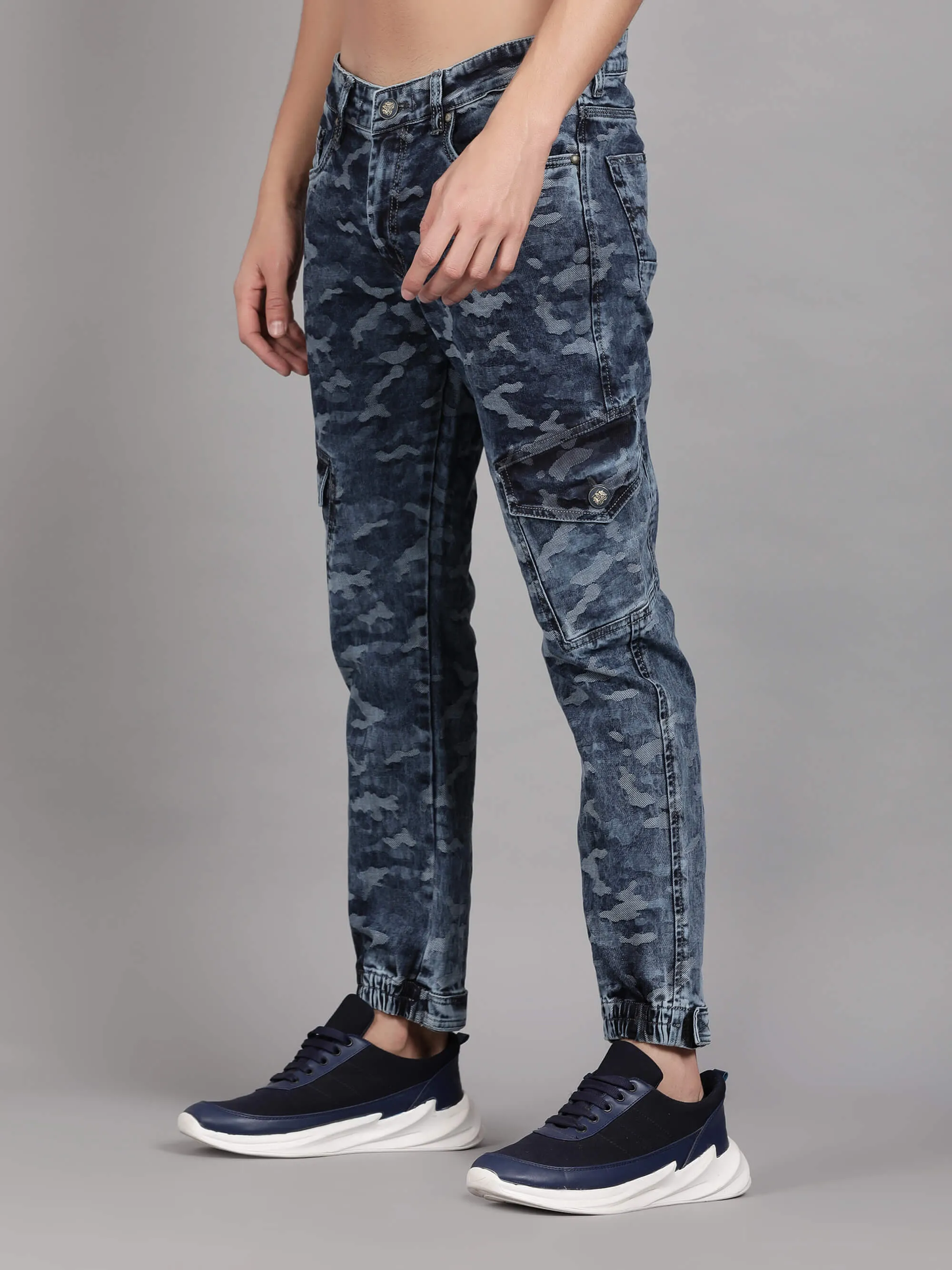 Blue Denim Camouflage Printed Slim Fit Jeans for Men (GBDNM5009)