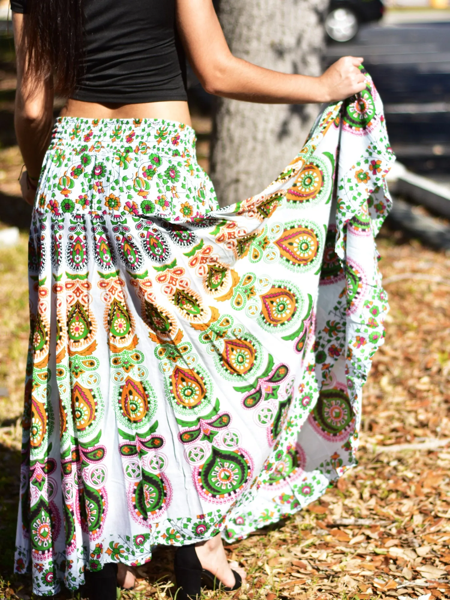 Boho Indian Ethnic Print Mandala Peacock Seven Yard Full Circle Pure Cotton Long maxi skirt