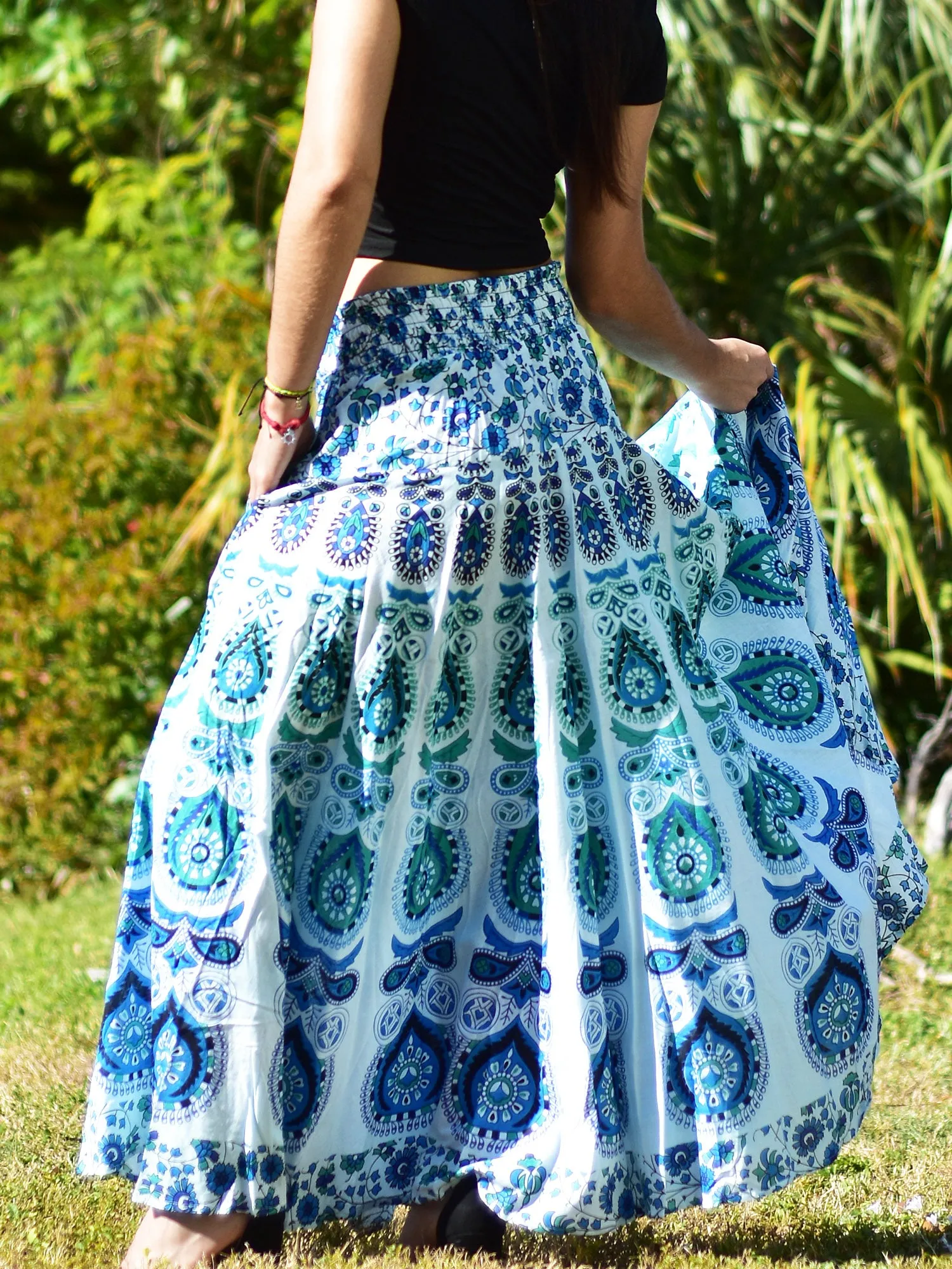 Boho Indian Ethnic Print Mandala Peacock Seven Yard Full Circle Pure Cotton Long maxi skirt