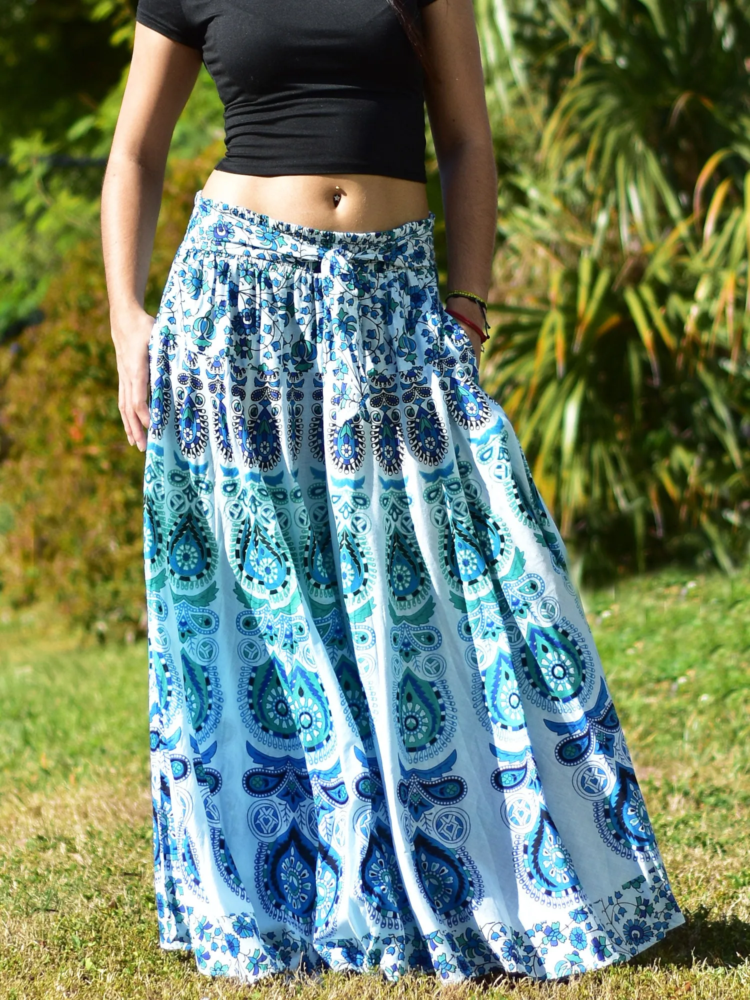 Boho Indian Ethnic Print Mandala Peacock Seven Yard Full Circle Pure Cotton Long maxi skirt