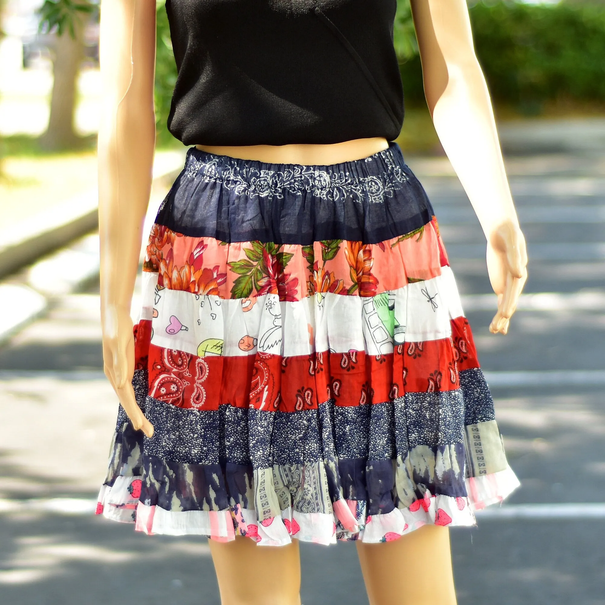 Boho Mini Patchwork Handmade Summer Cute Ruffled Printed Midi Cotton Skirt Assortment