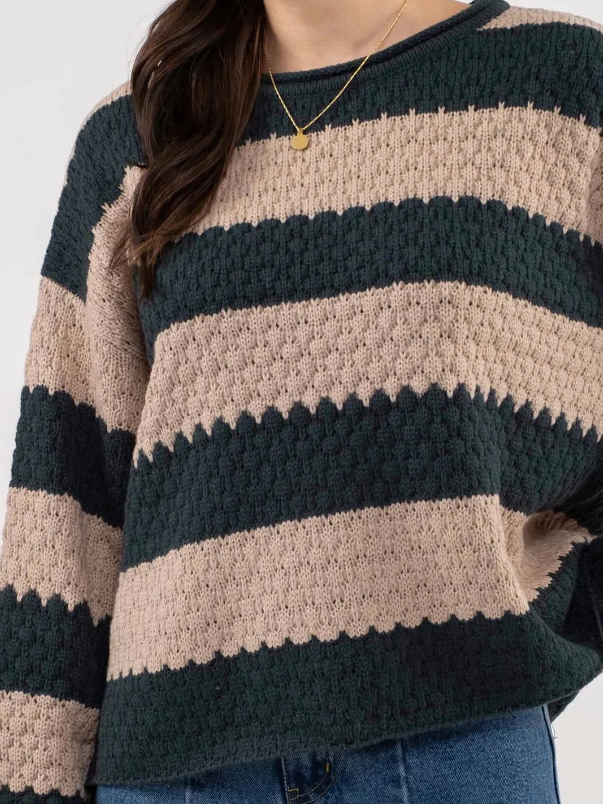 Bria Striped Crew Knit Sweater - Hunter Green