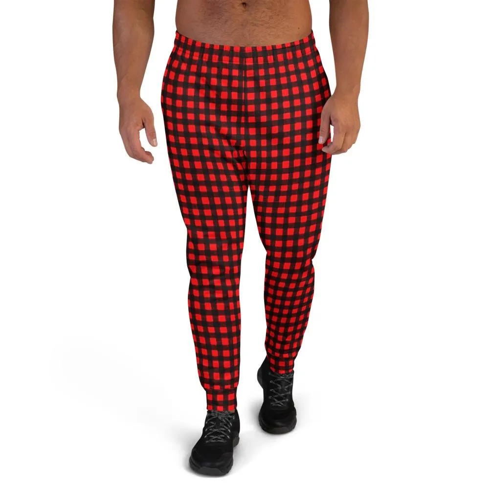Buffalo Red Men's Joggers, Red Plaid Print Premium Casual Sweatpants For Men - Made in USA/ MX/ EU