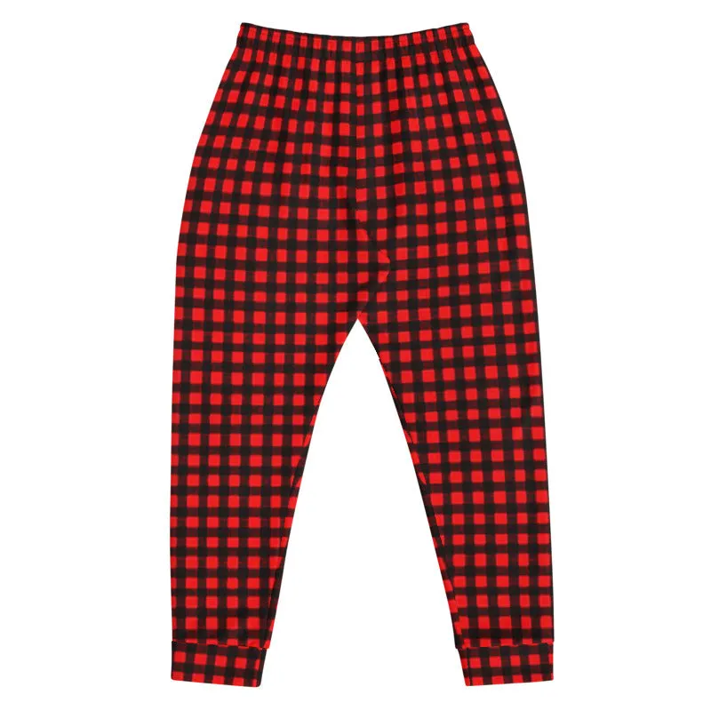 Buffalo Red Men's Joggers, Red Plaid Print Premium Casual Sweatpants For Men - Made in USA/ MX/ EU