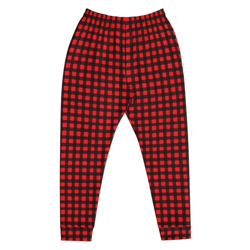 Buffalo Red Men's Joggers, Red Plaid Print Premium Casual Sweatpants For Men - Made in USA/ MX/ EU