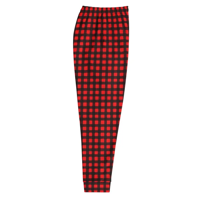 Buffalo Red Men's Joggers, Red Plaid Print Premium Casual Sweatpants For Men - Made in USA/ MX/ EU