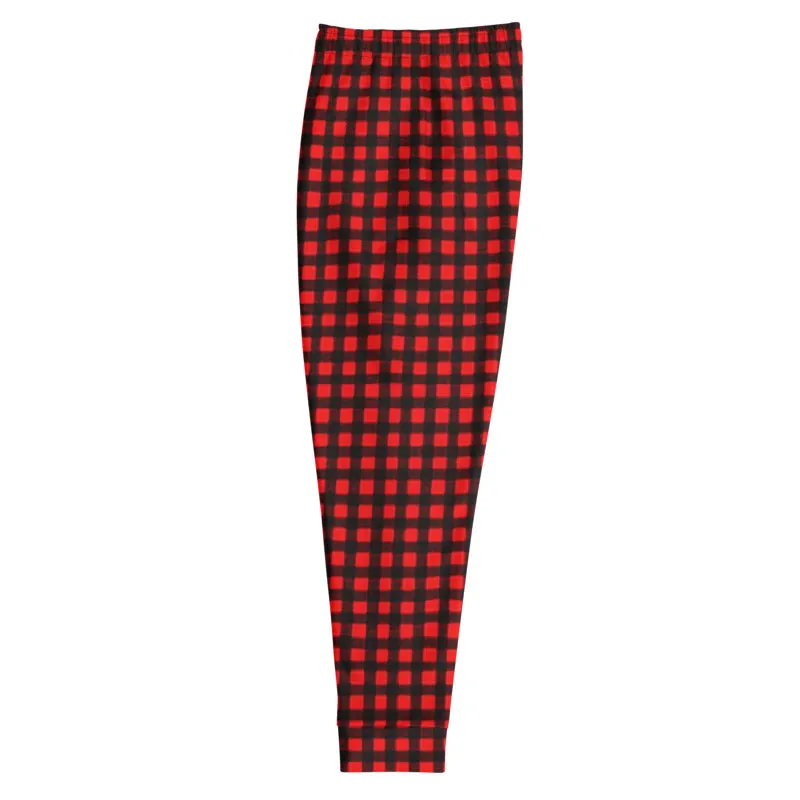 Buffalo Red Men's Joggers, Red Plaid Print Premium Casual Sweatpants For Men - Made in USA/ MX/ EU