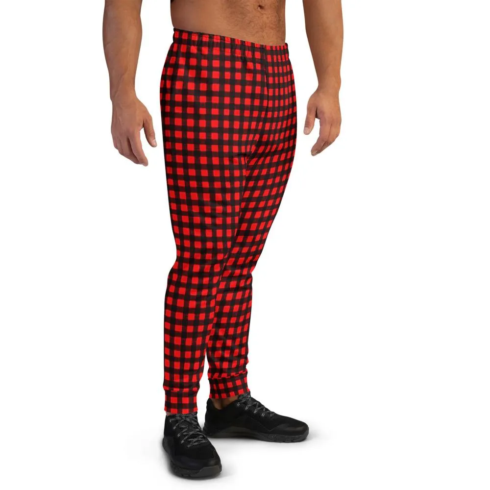 Buffalo Red Men's Joggers, Red Plaid Print Premium Casual Sweatpants For Men - Made in USA/ MX/ EU
