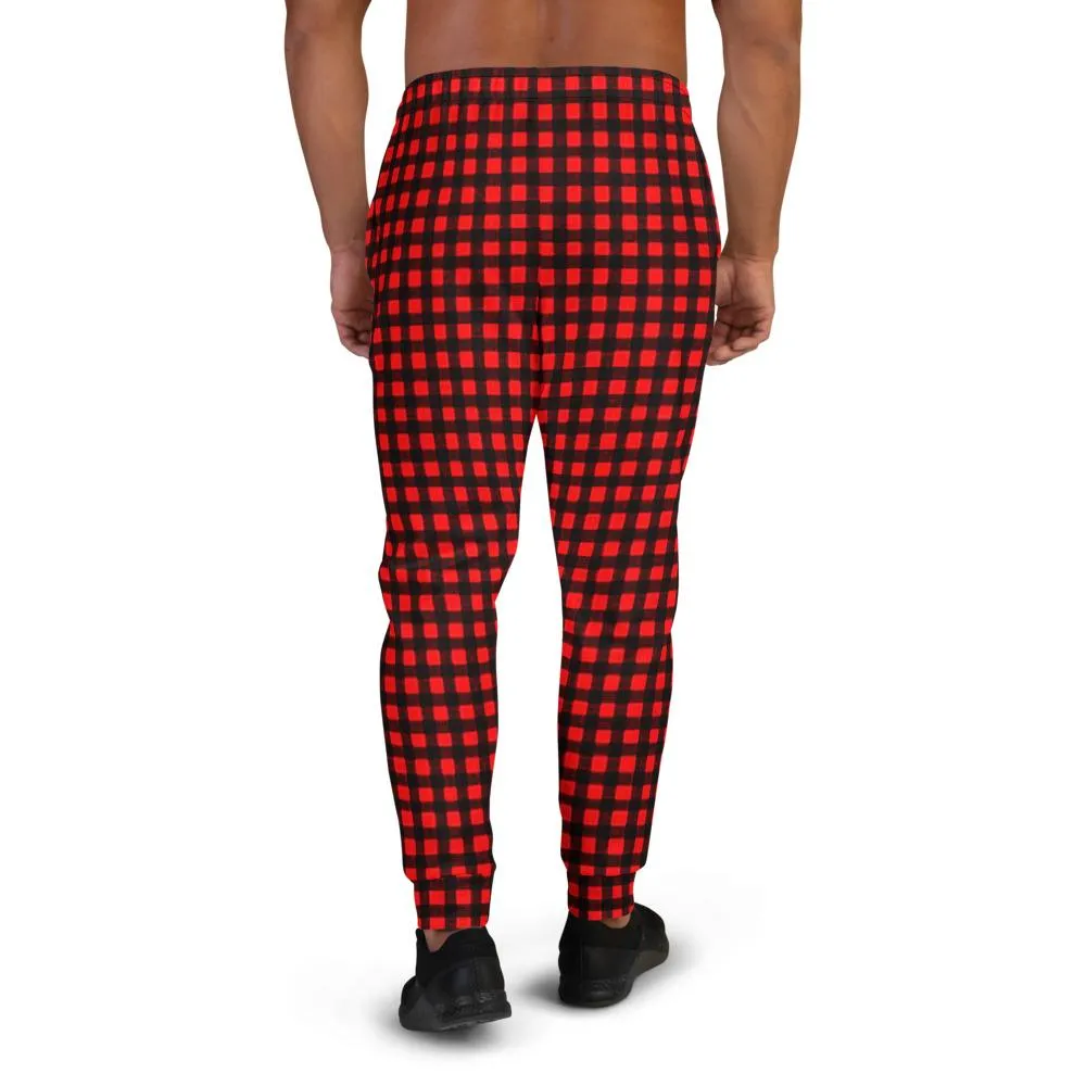 Buffalo Red Men's Joggers, Red Plaid Print Premium Casual Sweatpants For Men - Made in USA/ MX/ EU