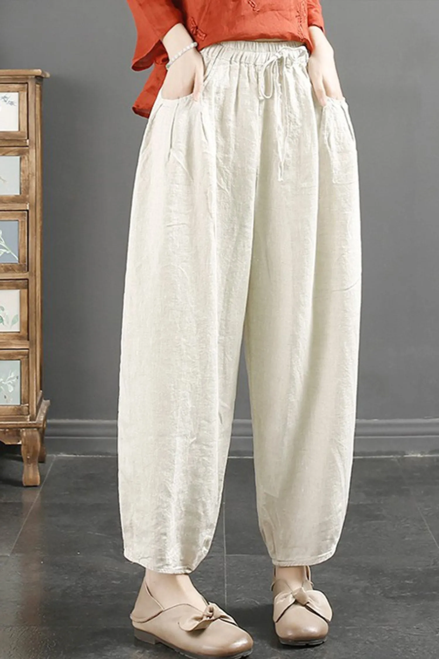 Casual Linen Women's Elastic Waist Tie Haren Pants C3894
