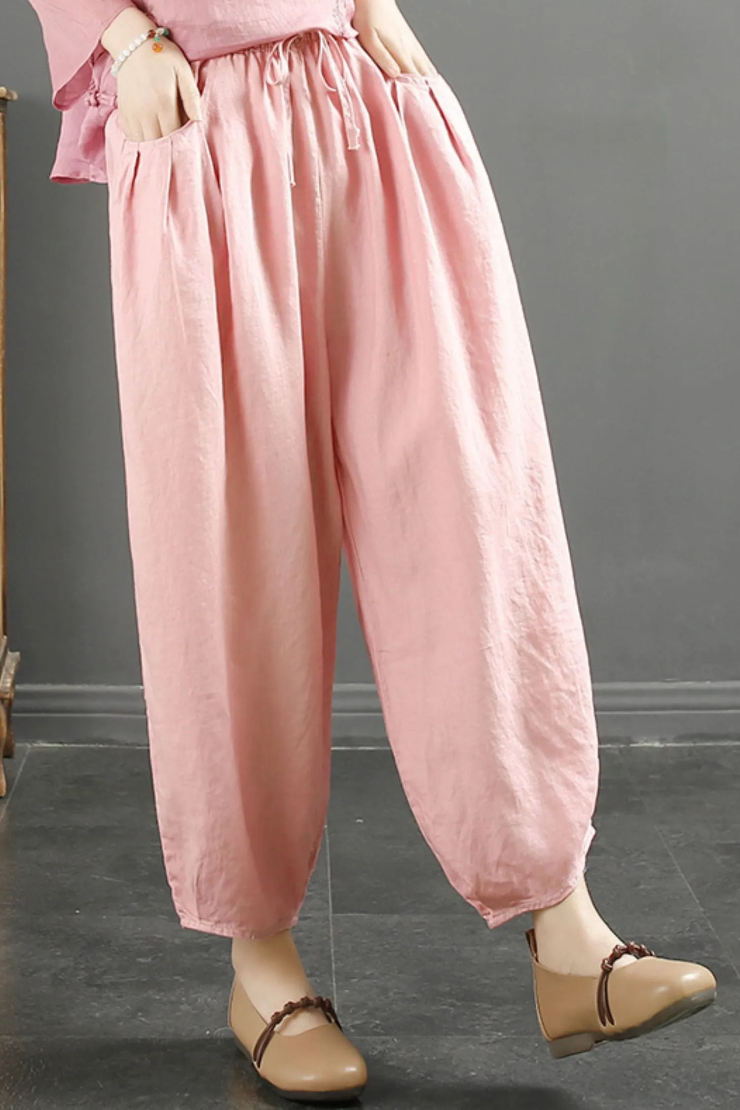 Casual Linen Women's Elastic Waist Tie Haren Pants C3894