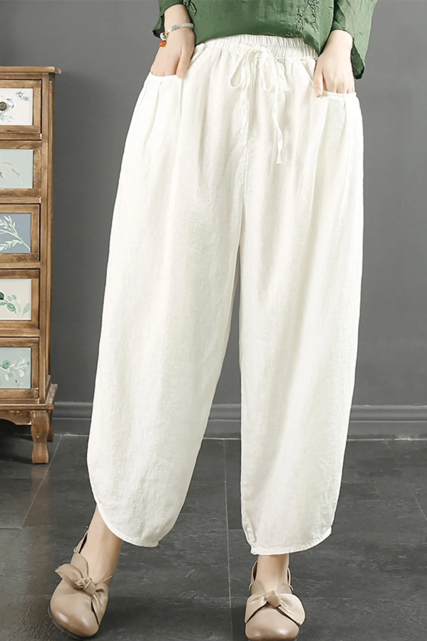 Casual Linen Women's Elastic Waist Tie Haren Pants C3894