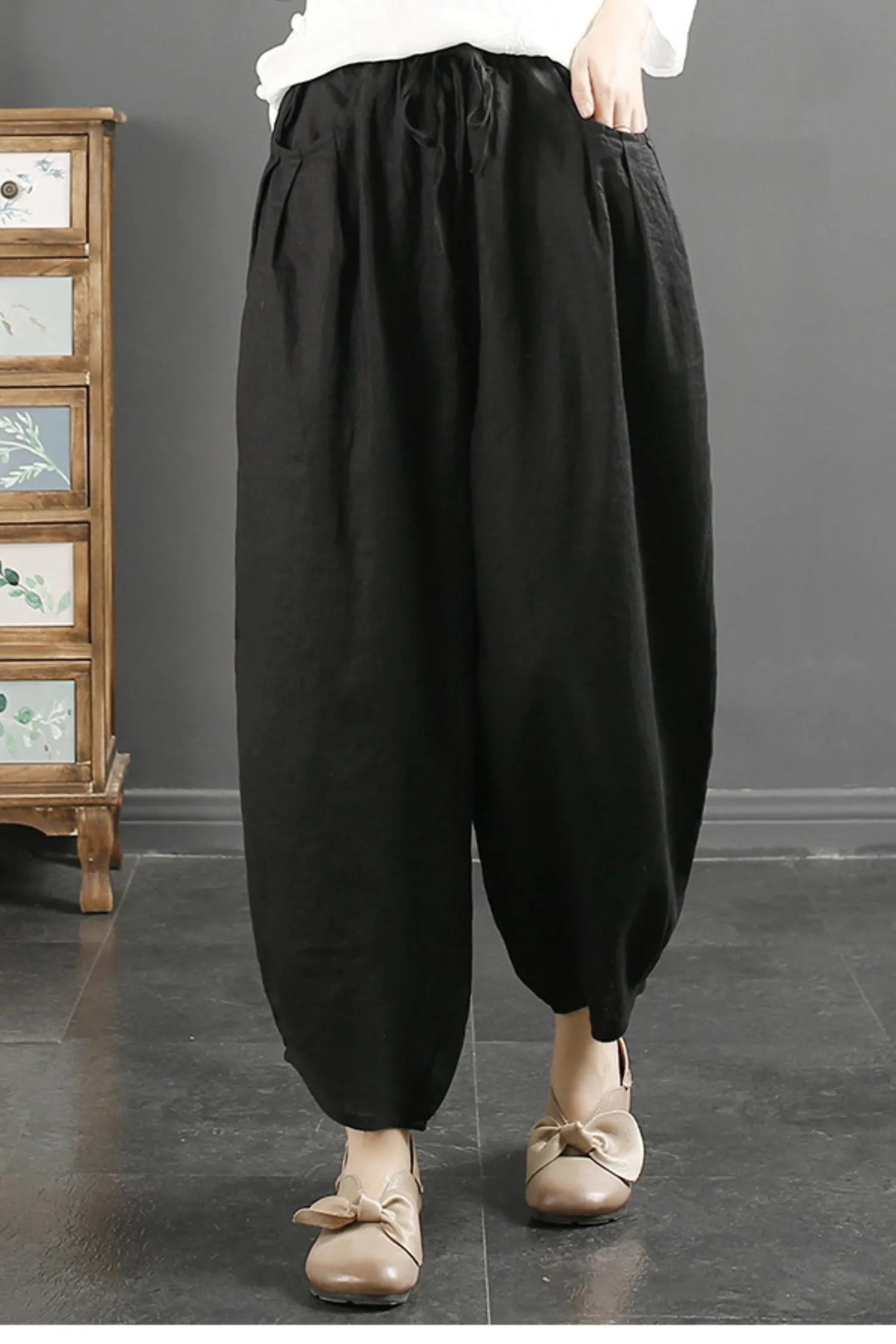 Casual Linen Women's Elastic Waist Tie Haren Pants C3894