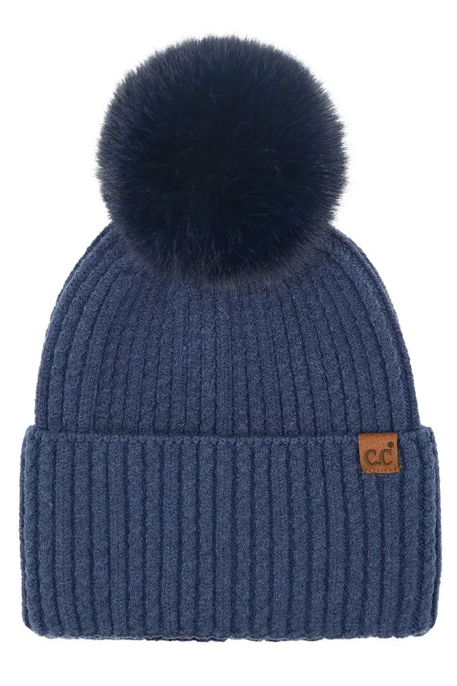 C.C CABLE CUFF POM BEANIE (NAVY)