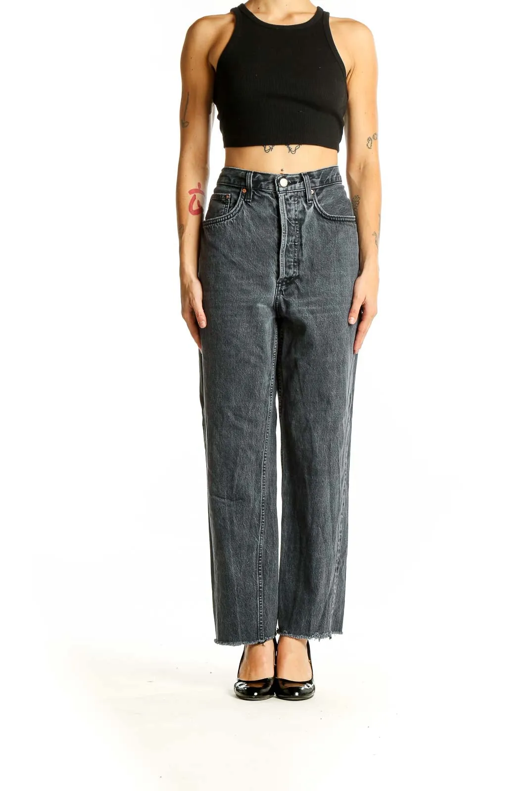Charcoal Gray High-Waisted Wide-Leg Jeans