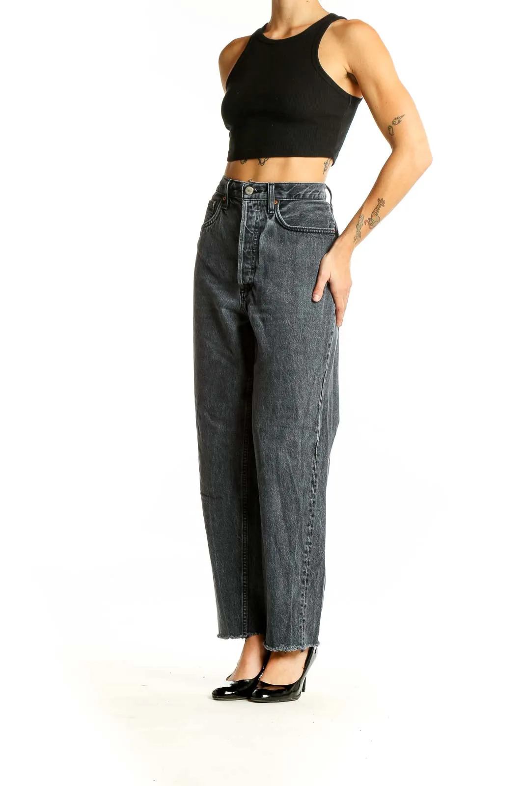 Charcoal Gray High-Waisted Wide-Leg Jeans