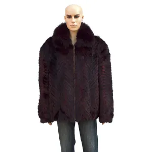 Chevron Mink Jacket with Fox Collar - Burgundy