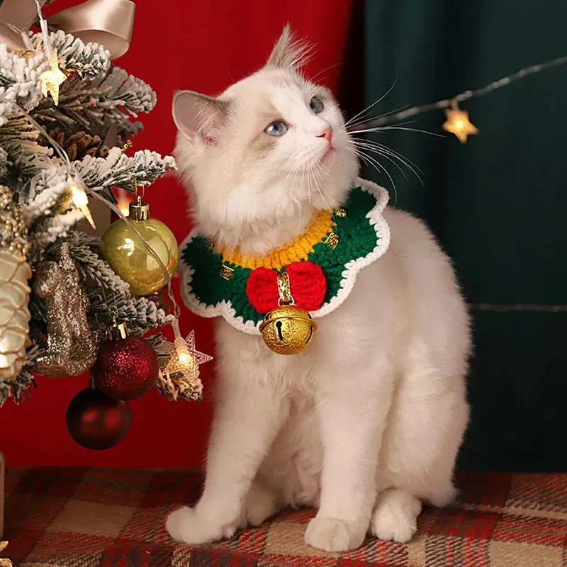 Christmas Pet Hand Woven Wool Collar for Cat and Dog Santa Claus Elk Pattern Cute Collar Tie Up Neck Ring New Year Pet Clothes