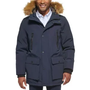 Club Room Mens Regular fit Parka Coat Medium Blue Solid Faux Fur Trim