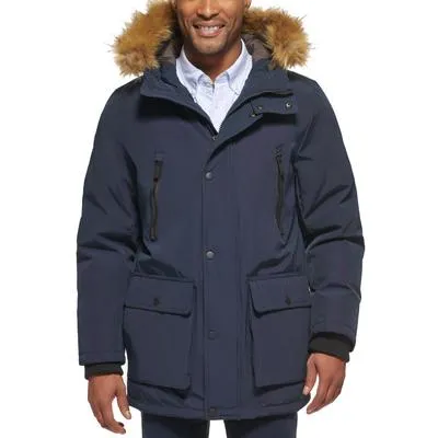Club Room Mens Regular fit Parka Coat Medium Blue Solid Faux Fur Trim